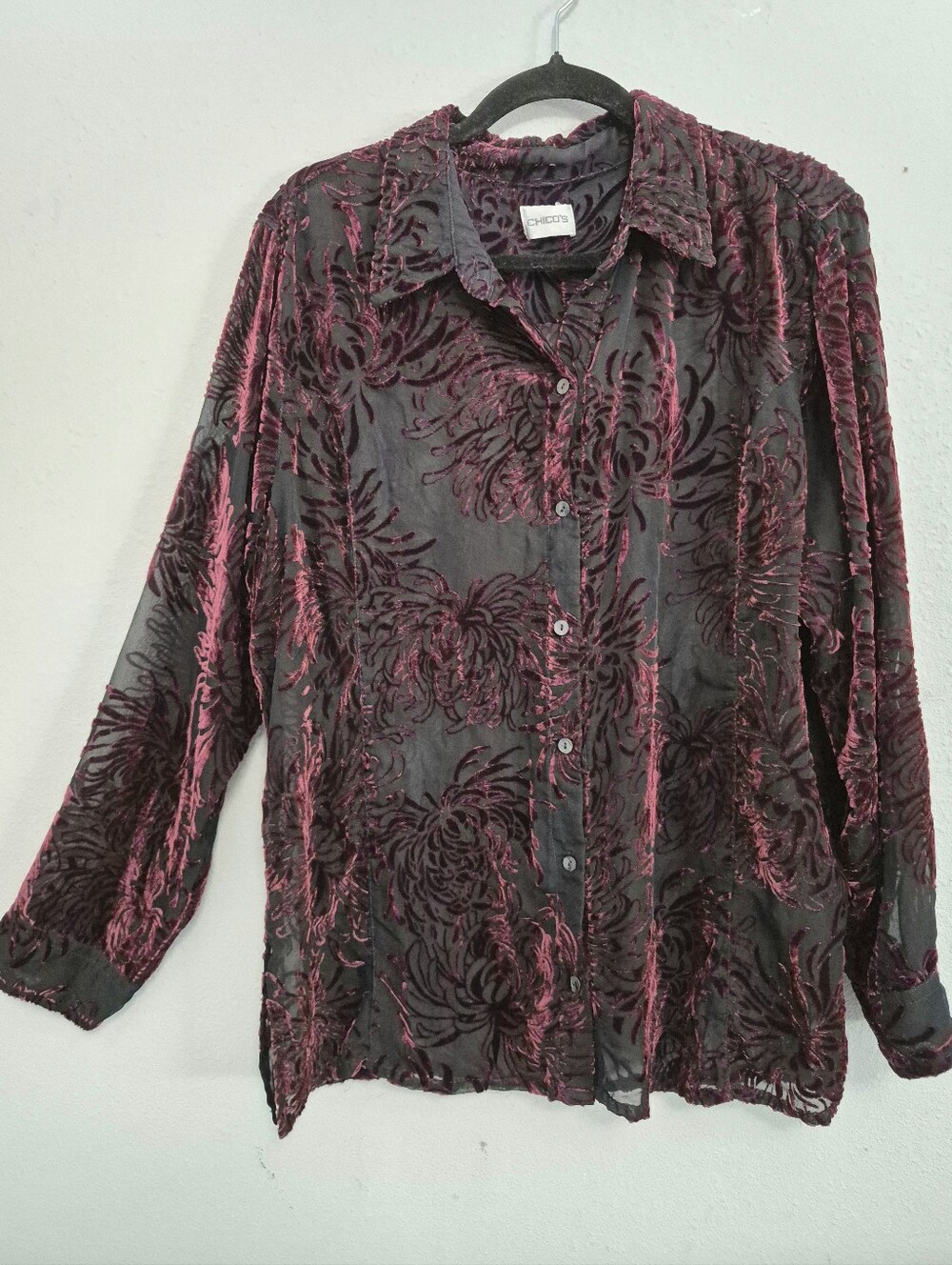 Chico's Sheer Black Mesh Floral Velvet Burnout Button Down Shirt Sz 3 Or XL